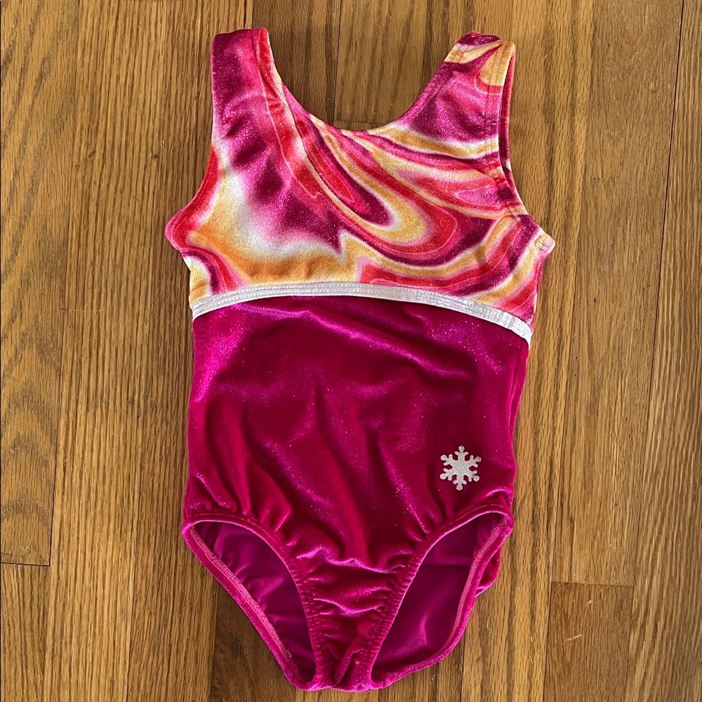 Girls Gymnast Vibrant Pink and Orange Swirl Sparkle Leotard